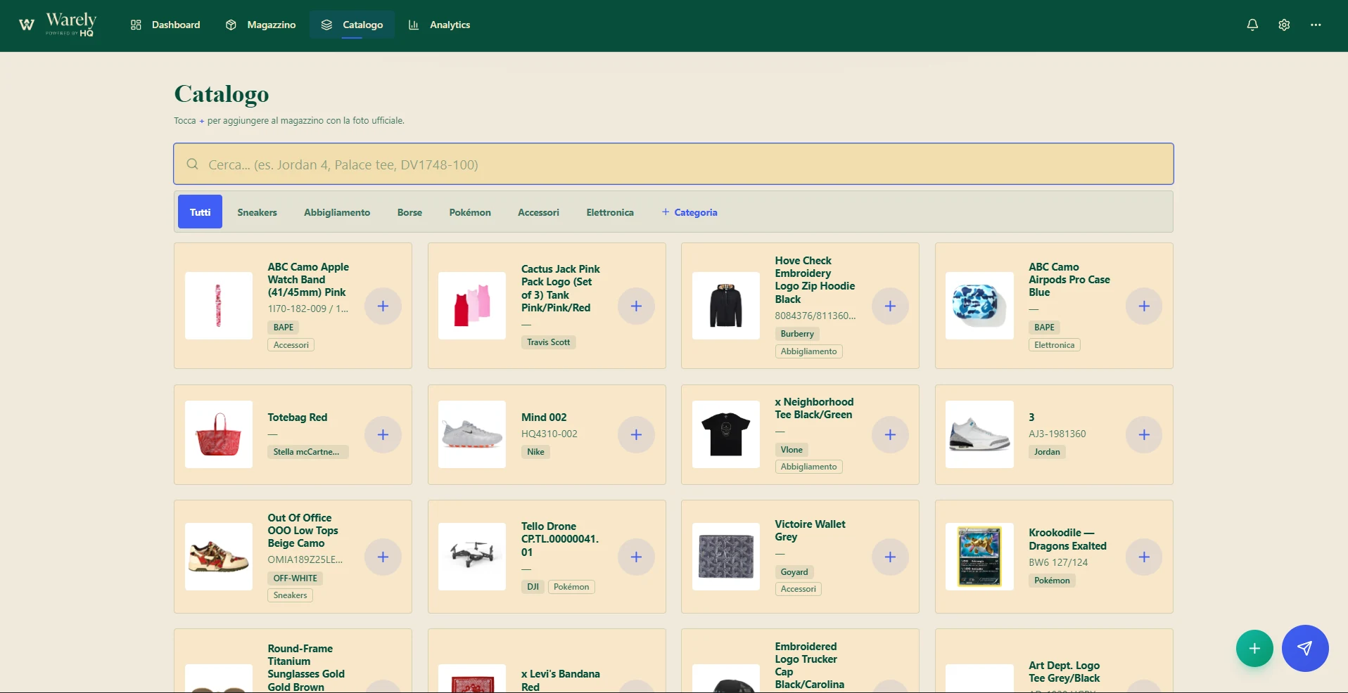 Catalogo di Warely: ricerca di un modello e pulsante per aggiungerlo con la foto ufficiale