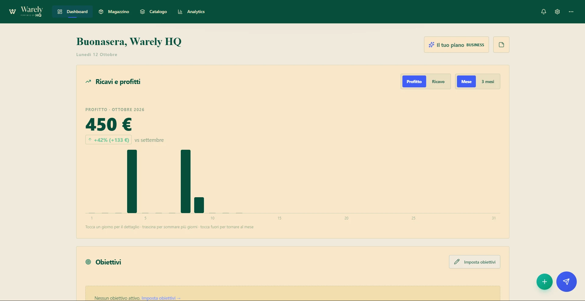 Dashboard di Warely: profitto del mese e grafico giorno per giorno