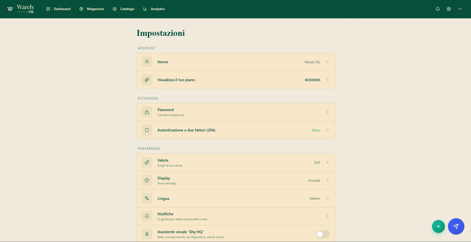 Impostazioni di Warely: account, sicurezza e preferenze