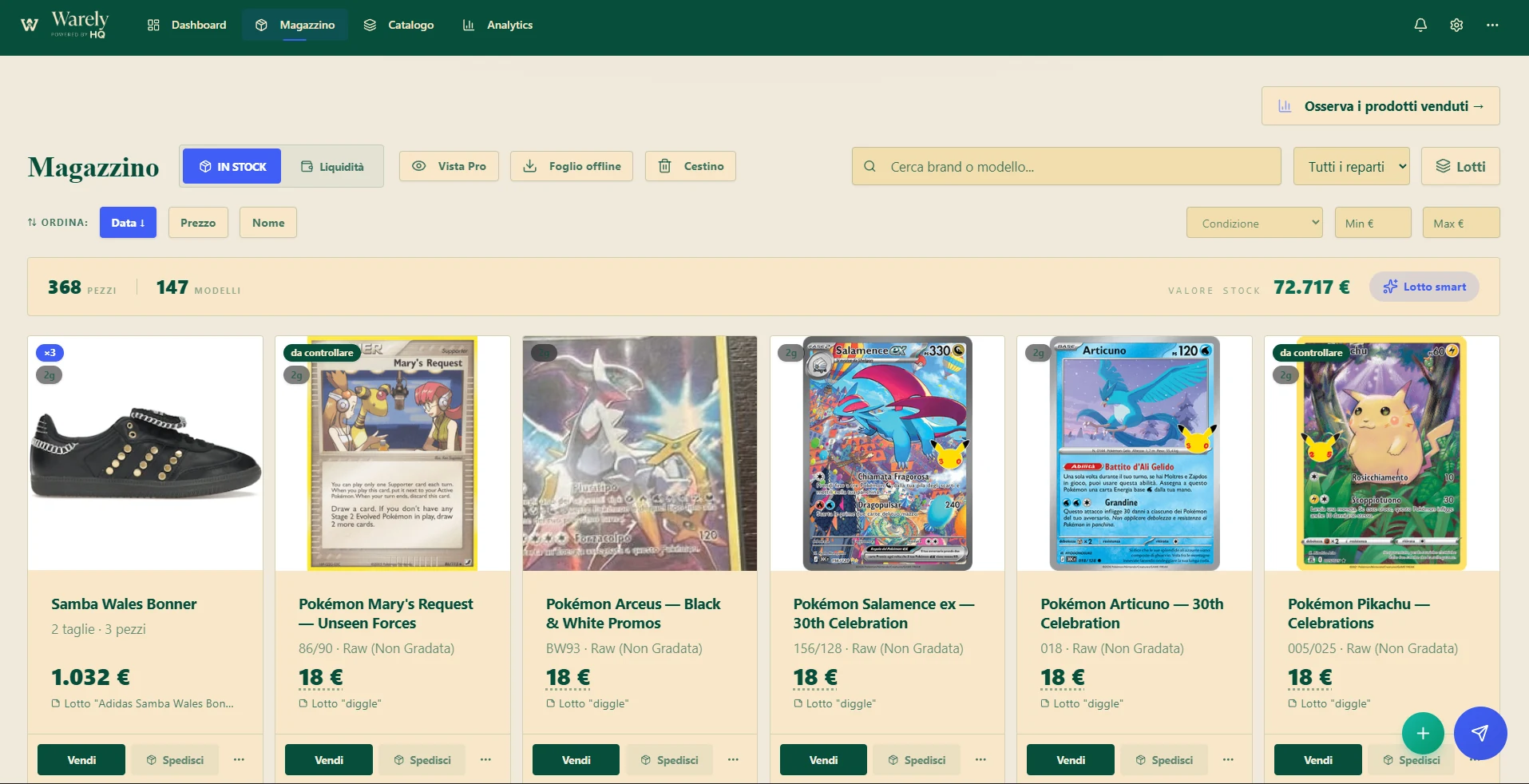 Magazzino di Warely: pezzi in stock con foto, prezzo e pulsante Vendi